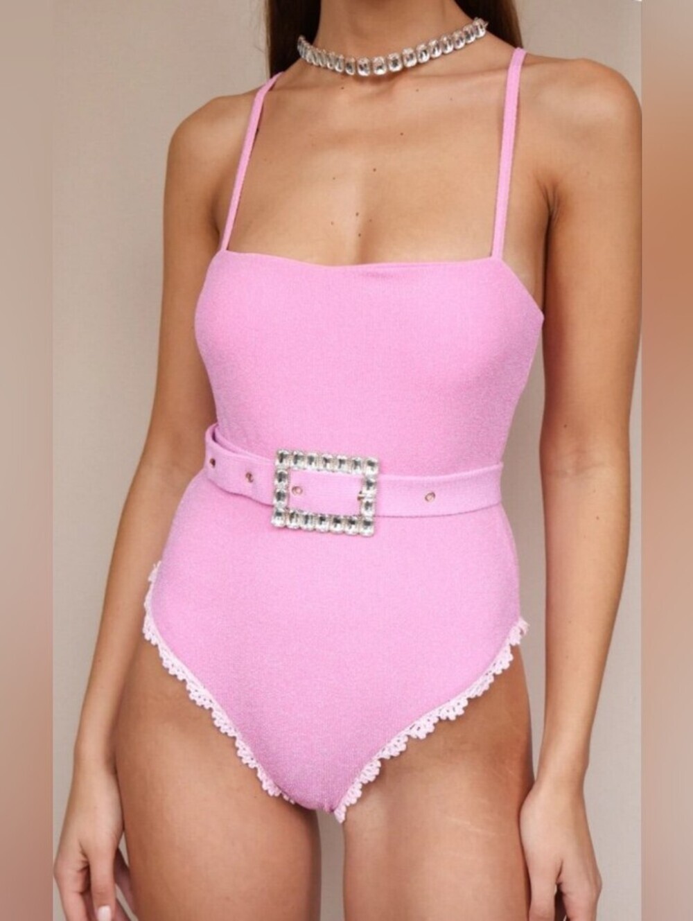 MAIYO London X Revolve Barbie Pink Cindy Belted One Piece Swimsuit New XS Croche